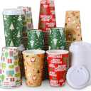 Zhehao 100 Pcs Christmas Disposable Coffee Cups with Lids 16 Oz Holiday Disposable Paper Snowman Santa Cups Xmas Party Cups for Hot Cocoa Chocolate Tea