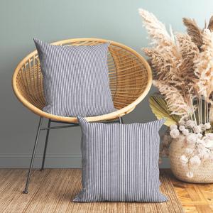 Encasa XO Farmhouse Throw Pillow Covers Set of 2 16x16 in Ticking Navy Blue | Decorative Cushion Covers No Inserts | Plaid and Stripes Pillow Covers for Living Room, Couch