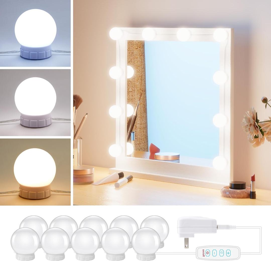 Hollywood Style Led Vanity Mirror Lights Kit - Vanity Lights Have 10 Dimmable Light Bulbs for Makeup Dressing Table and Power Supply Plug in Lighting Fixture Strip, White (No Mirror Included) (10 Bulbs)