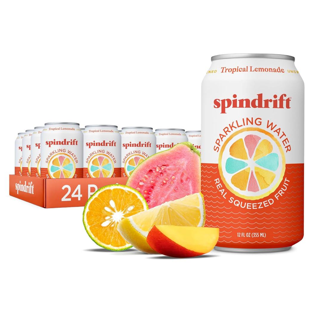 Spindrift Sparkling Water, Tropical Lemonade Flavored, Made with Real Squeezed Fruit, 12 Fl OZ Cans, Pack of 24 (Only 13 Calories per Can) Best By: 01/22/2026