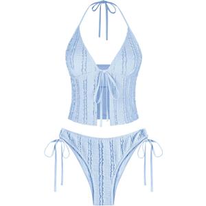 ZAFUL Tankini Swimsuits for Women Smocked Ruffles Tie Front Bowknot Textured High Cut Tanga Tankini Set (Medium, Re-light Blue)