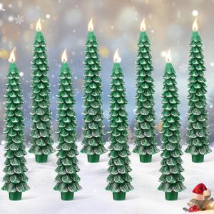 8 Pack Christmas Tree Candles, 10 Inch Pure Beeswax Christmas Tree Shaped Taper Candles for Xmas Holiday Decor, Advent Party Banquet Centerpiece Decoration(Green with Silver Trim)