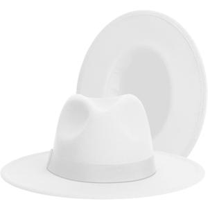 Wide Brim Fedora Hats for Women & Men Classic Dress Panama Hat Adjustable Felt Hat with Band (Large, All White)