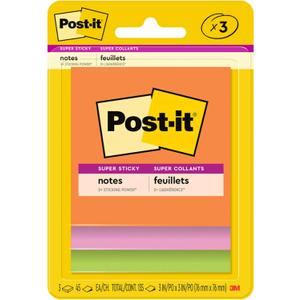 Post-it Super Sticky Notes, 3 Sticky Note Pads, 3 x 3 in., School Supplies for Students, Ideal for Textbooks, Notebooks, Walls and Vertical Surfaces, Energy Boost Collection