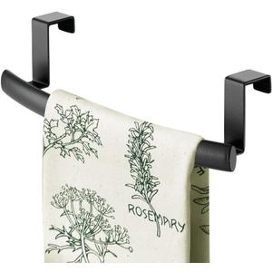 mDesign Steel Over Door Curved Towel Bar Storage, Hanger for Cabinet or Cupboard, Holder Rack for Kitchen, Bathroom - Holds Hand/Dish Towels, Washcloths - Spira Collection - Black (Pack of 1)