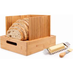 Adjustable bread loaf slicer + bread slicer guide for sourdough; sandwich bread slicer, butter cutter and spreader knife + foldable design, crumb tray, non-slip base, compact storage