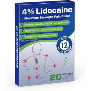 Uposiut 4% Lidocaine Patches, 20 Patches Maximum Strength Lidocaine Patches 20 Patches, for Muscle Pain Relief in The Neck, Shoulders, Back, Knees, and Anks, 12 Hour Pain Relief-012345
