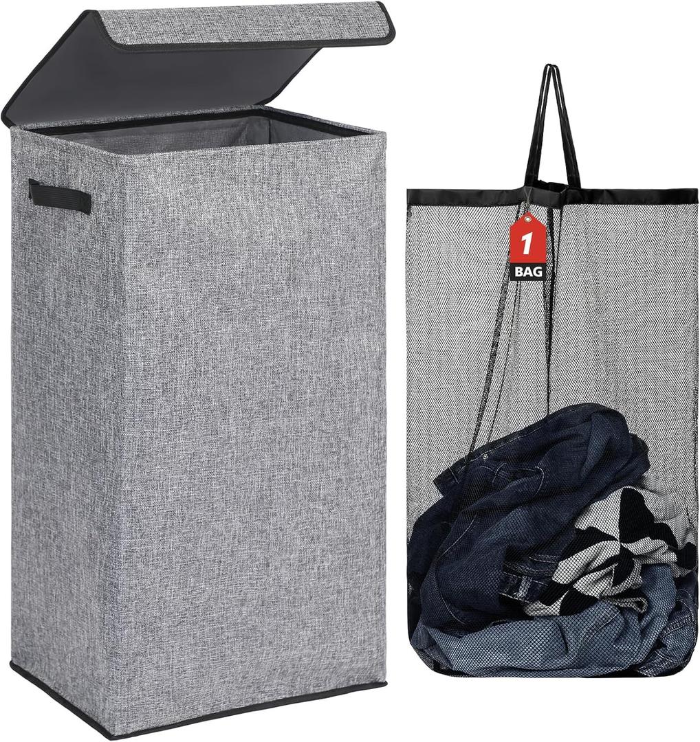 DOKEHOM 100L Laundry Basket with Lid and Removable Laundry Bags, Large Collapsible Laundry Hamper for Bedroom, Bathroom, Laundry Room, Colloge (Grey)