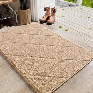 LOCHAS Beige Indoor Door Mat 20x32 Inch, Rubber Backing, Washable Absorbent Chenille Doormat, Low-Profile, Non Slip Microfiber Entrance Mat, Quick Dry Resist Dirt Front Welcome Mats for Entryway Home