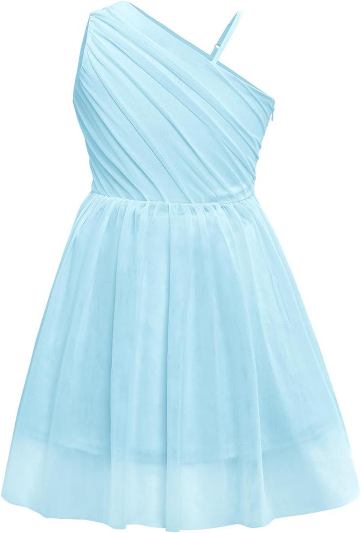 Batermoon Girls One Shoulder Dress Summer Party Graduation Semi Formal Short Dresses 5-14 Years (10-12 Years, Blue)