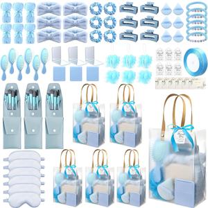 121 PCS Baby Shower Prizes for Winners Gifts Baby Shower Favors including Headband Hair Brush Compact Mirror Bath Sponges Powder Puff Hair Tie Claw Makeup Brushes Gift Bag Bridal Shower (Blue)