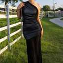 Memoriesea Women's Sexy One Shoulder Mesh Ruched Bodycon Formal Cocktail Maxi Dress (Black)