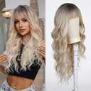 Women Long Ombre Grey Wavy Wigs with Black Root 26 Inch Charming Wigs Natural Looking Synthetic Heat Resistant Fiber Wig for Daily Party Use