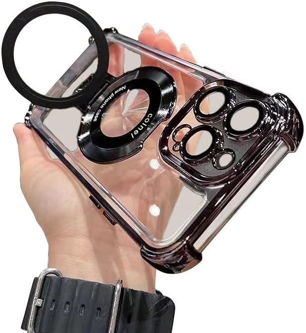 Piegricdiat Magnetic case for iPhone 14 Plus with Full Camera Lens Protection(Compatible with MagSafe),Military Shockproof Slim Electroplate Bumper Clear Cover Built-in Invisible Ring Stand, Black