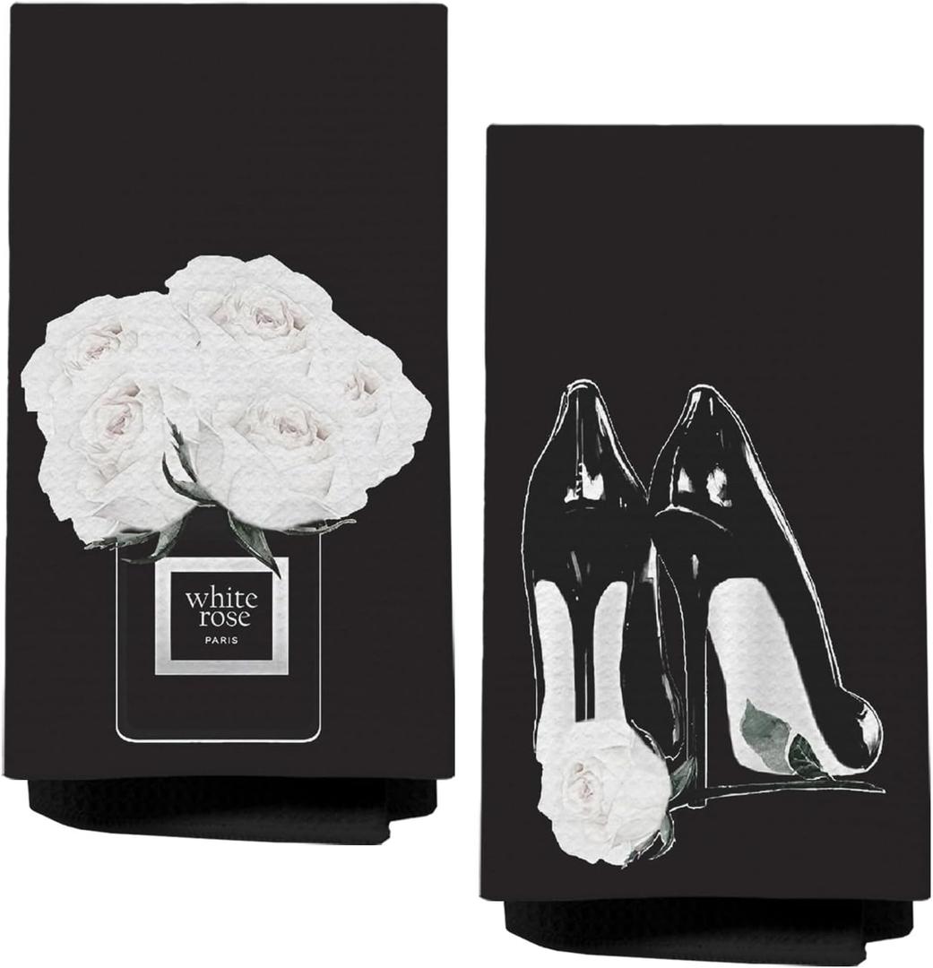 Black and White Hand Towels for Bathroom, Preppy Girly Bathroom Decor, Trendy Perfume High Heel Shoes Decorative Hand Towels for Vanity Power Room Washroom Restroom, 16x24 Inch Set of 2
