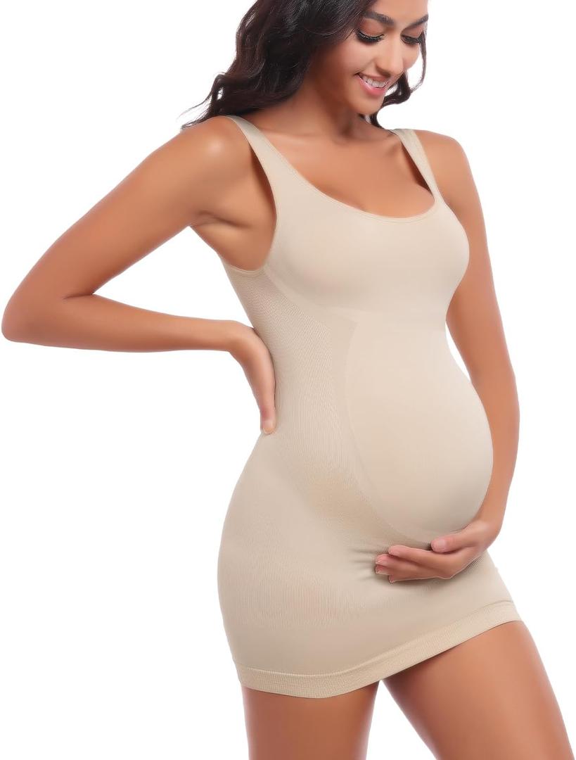 Womens Maternity Sleeveless Tank Tops, Pregnancy Belly Support Shapewear Baby Shower Bodycon Dress Workout Shirts (Beige, S)