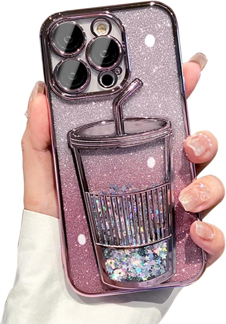 3D Bling Sparkle Plating Juice Bottle Designer Phone Case Compatible with iPhone 15, Cute Liquid Floating Gradient Glitter Quicksand Cup Phone Case Cover with Camera Protection for Women - Pink