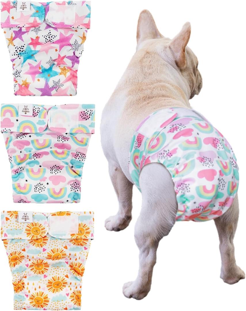 CuteBone Washable Dog Diapers Female No Tail Hole 3 Pack Reusable Doggie Period Training Pants for Docked-Tail Frenchie French Bulldog Boston Terrier Without Tail WWD05M (Medium)