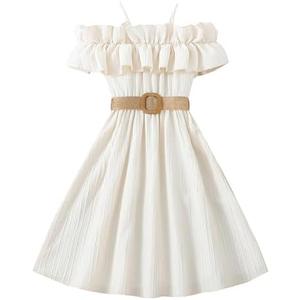 Happy Cherry Girls Cold Shoulder Midi Dress Ruffle Trim Short Sleeve Belted A Line Sundress for Summer Beach