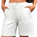 ELLEVEN Womens Denim Bermuda Shorts Elastic Waist, Stretchy Jean Trendy Summer Long Jorts with Big Pockets (Small)