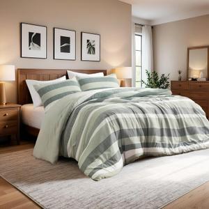 King Comforter Set, 3 Pieces Striped Bed Set, Soft Brushed Microfiber Reversible Bedding Set for All Season, Lightweight & Breathable Bedding Set with Comforter & Shams, Sage Green
