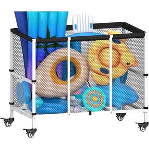 150 Gallon Swimming Pool Storage Bin, Outdoor Rolling Pool Toy Organizer Cart for Swimming Acessories, Pool Noodles Holder for Floaties, Life Vests, Beach Essentials, Patio Furniture, White