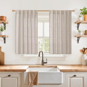 YoungsTex Short Linen Kitchen Curtains 40 Inch Length for Window Over Sink, Semi Sheer Cafe Drapes Light Filtering with Rod Pocket Back Tab for Bathroom, 42 X 40 Inch, 2 Panels