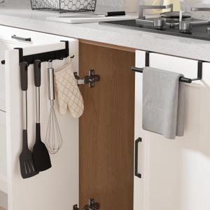 KES Over The Cabinet Door Towel Bar with Hooks, Kitchen Towel Holder with Hooks for Hanging Utensils, Over The Cabinet Door Organizer with Hook 2 Pack, Matte Black, Metal, KUR527-BK-P2