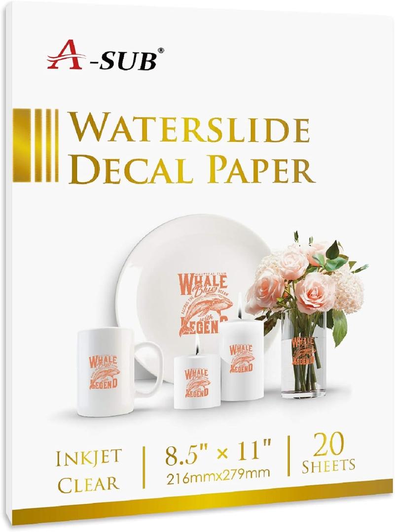 A-SUB Waterslide Decal Paper for Inkjet Printers 20 Sheets Clear Water Slide Transfer Paper 8.5x11 in for DIY Tumbler, Mug, Glass Decals