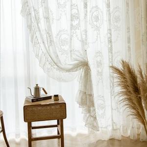 Retro French Princess Style Floral Embroidery Sheer Lace Curtain with Ruffle for Bedroom Living Room Rod Pocket Top 2 Panels (White,W79 x L102 inch - 2 Panels)