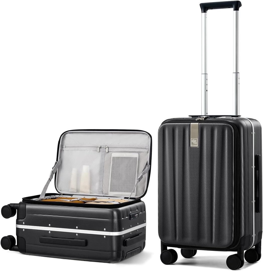 Hanke 20 Inch Carry-On Luggage PC Hard Shell Suitcases for Travel Front Opening Aluminum Frame Travel Luggage Rolling Suitcase with Wheels for Women Man Gifts (Jet Black)