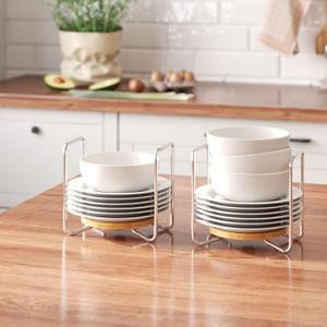 Dish Rack for Kitchen Countertop Organizer - Bamboo Plate Organizer for Cabinet Space Saver, Adjustable Stainless Steel 304 Plate and Bowl Holder with Portable Handle for Drawer Cupboard Shelf RV (2PC*Small, Natural)