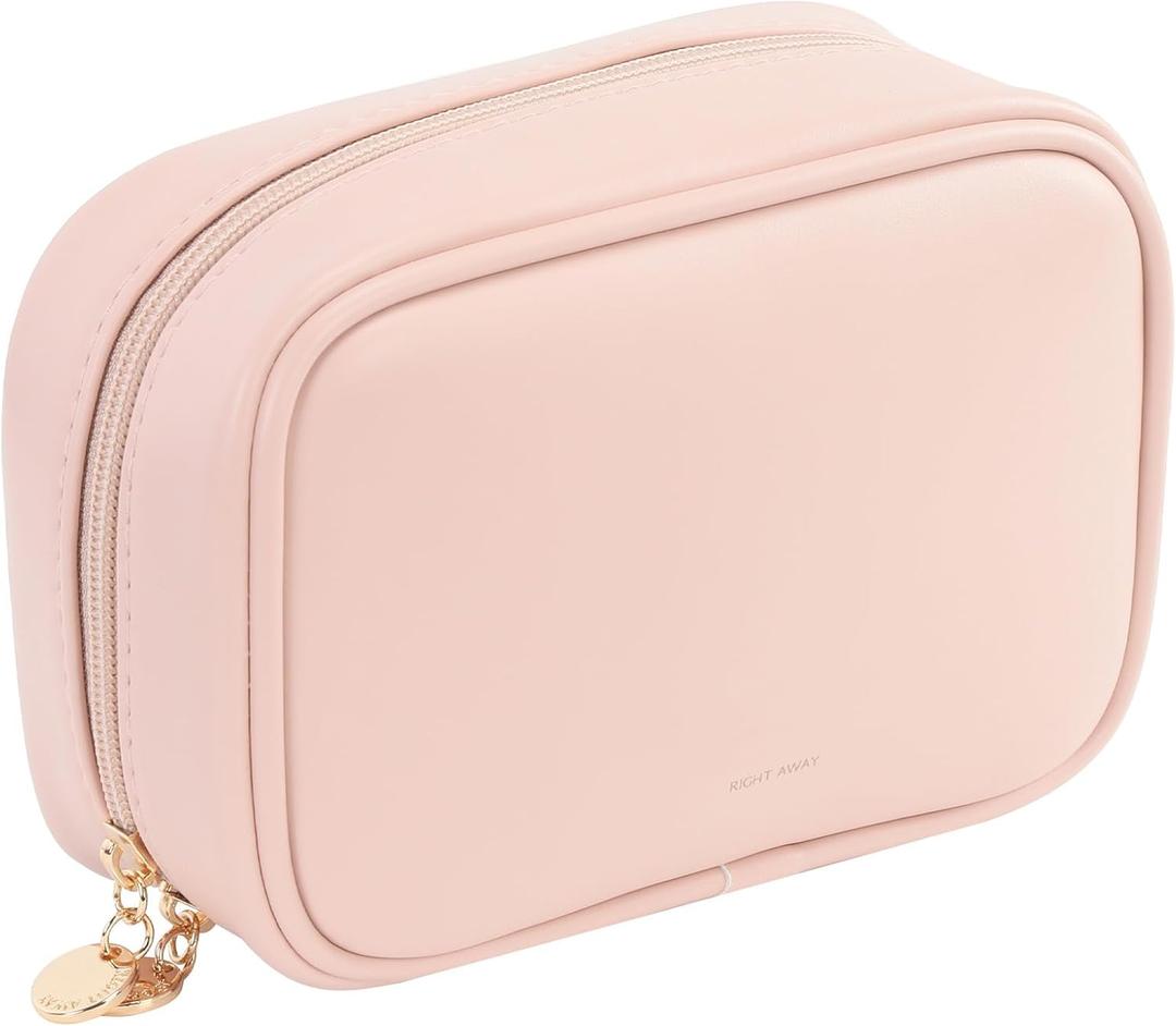 RIGHT AWAY Small Makeup Bag for Purse,Cosmetic Bag Organizer for Women,Waterproof PU Leather Make Up Pouch Toiletry Bag with Pockets,Portable Makeup Case for Travel Accessories&Accessories(Pink)