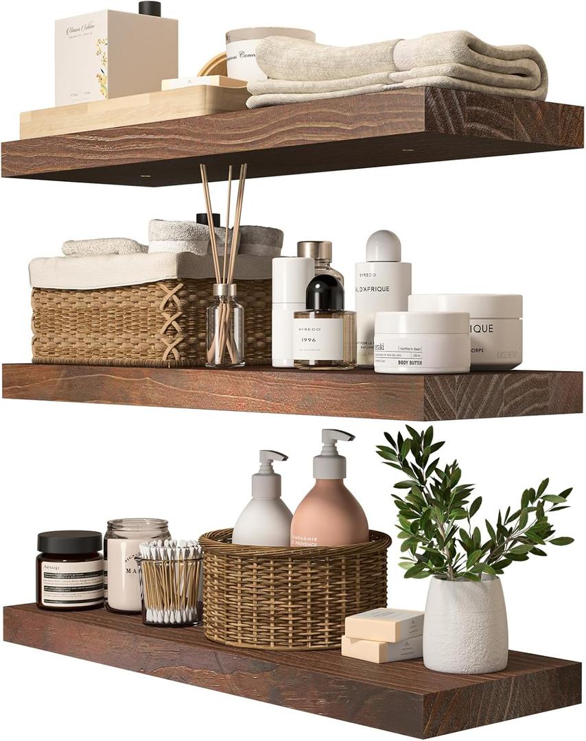 Natural Wood Floating Shelves Set of 3, Wide and Thick Rustic Wooded Wall Shelf 24 inch, Floating Shelf Wall Mounted for Living Room Bedroom Bathroom Kitchen - Walnut - 24D x 6.7W x 1.2H inch