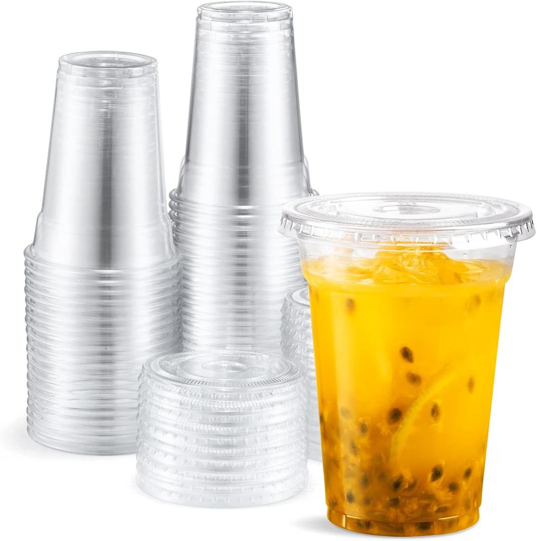 Eupako 9 oz Plastic Cups with Lids, 9 Ounce Clear Disposable Plastic Party Cups with Flat Lids, Cold Drink Cups Pack of 50