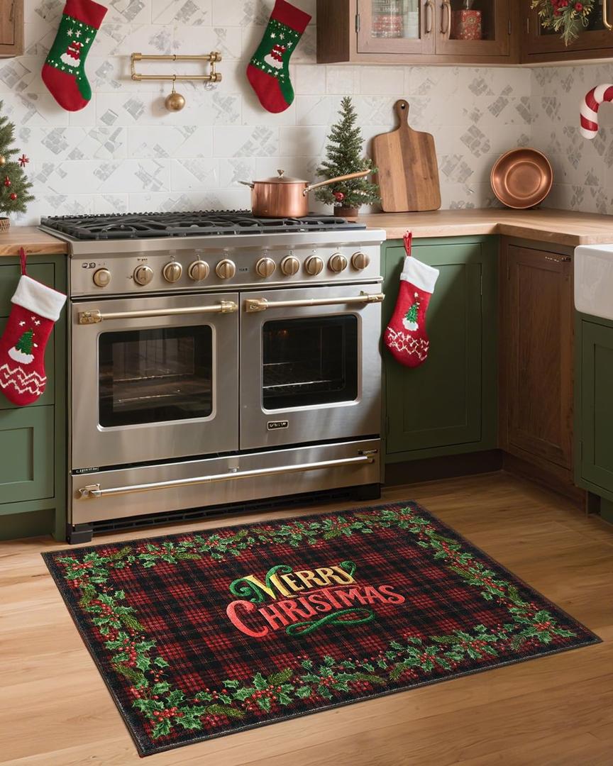 GarveeHome 2x4 Christmas Red Checkered Rug for Entryway Non Slip,Christmas Holly Fruit Print Kitchen Rugs Washable Area Rug, Low Pile Soft Holiday Decor Small Carpet for Entrance Indoor