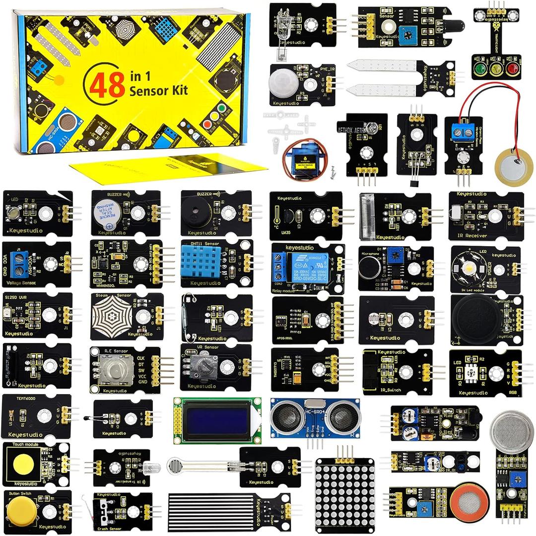 KEYESTUDIO 48 Sensors Modules Starter Kit for Arduino with LCD, 5v Relay, Sound, LED Modules, Servo Motor, Motion, Pressure Sensor, Gas Sensor, etc.Programming for Beginners Adults Learning