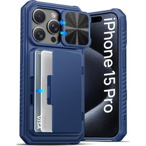 ATATOO for iPhone 15 Pro Wallet Case, Built-in Card Holder (3-5 Cards) & Slide Camera Cover, Military Grade Protection, Rugged Shockproof Phone Case for iPhone 15 Pro 6.1", Blue 