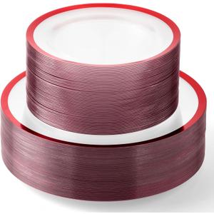 By Madee PREMIUM 100Pc Clear and Red Plastic Plates for Party - 50 Dinner & Dessert Plates with Metallic Trim - Extra-Heavy 30% Thicker for Sturdy, Spill-Free Celebration (50 Guests)
