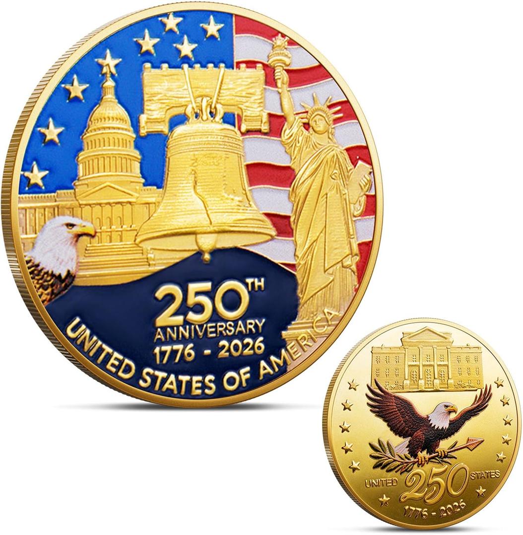 USA 250th Anniversary Commemorative Coin 1776-2026, Gold Plated American Independence Challenge Coin, Patriotic Collectible Souvenir Gift for Veterans & History Collectors, Non Legal Tender