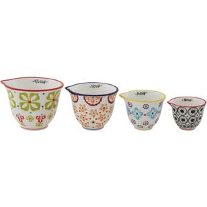 Creative Co-Op Floral Hand Stamped Stoneware Measuring Cups (Set of 4 Sizes/Designs)