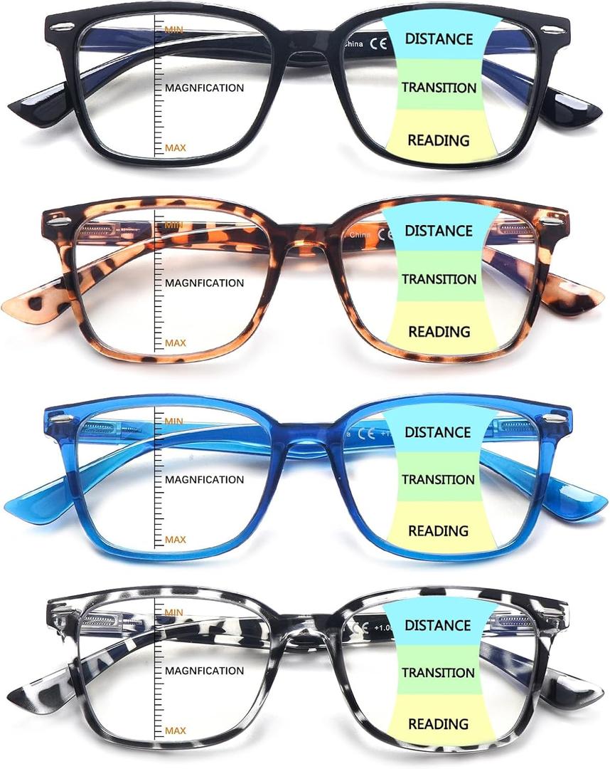 CLASAGA Progressive Multifocus Reading Glasses for Women Men, Blue Light Blocking Multifocal Computer Readers Eyeglasses (4 Mix)