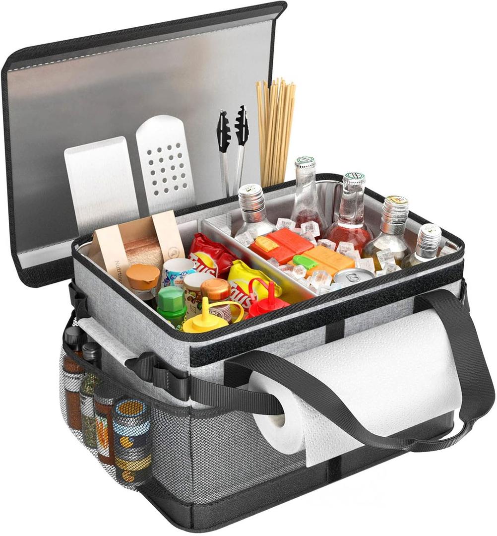 HULISEN Large Grill Caddy with Lid and Paper Towel Holder, BBQ Caddy for Outdoor Grill, Insulated Foldable Barbecue Picnic Caddy for Plates, Utensils, Camping Supplies, Travel or RV, Camper Must Haves