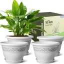 10 Inch Plant Pots with Drainage Hole - Lightweight Flower Pots for Herbs and Flowers - Home Decor Plastic Planters for Indoor Outdoor Plants- Pack of 4 (White, 10 inch)