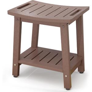 Shower Bench for Inside Shower - Espresso HDPE Shower Stool Waterproof - Spa Bathroom Seat Chair with Handle, Storage Shelf, Adjustable Feet - Indoor/Outdoor, Weather Resistant