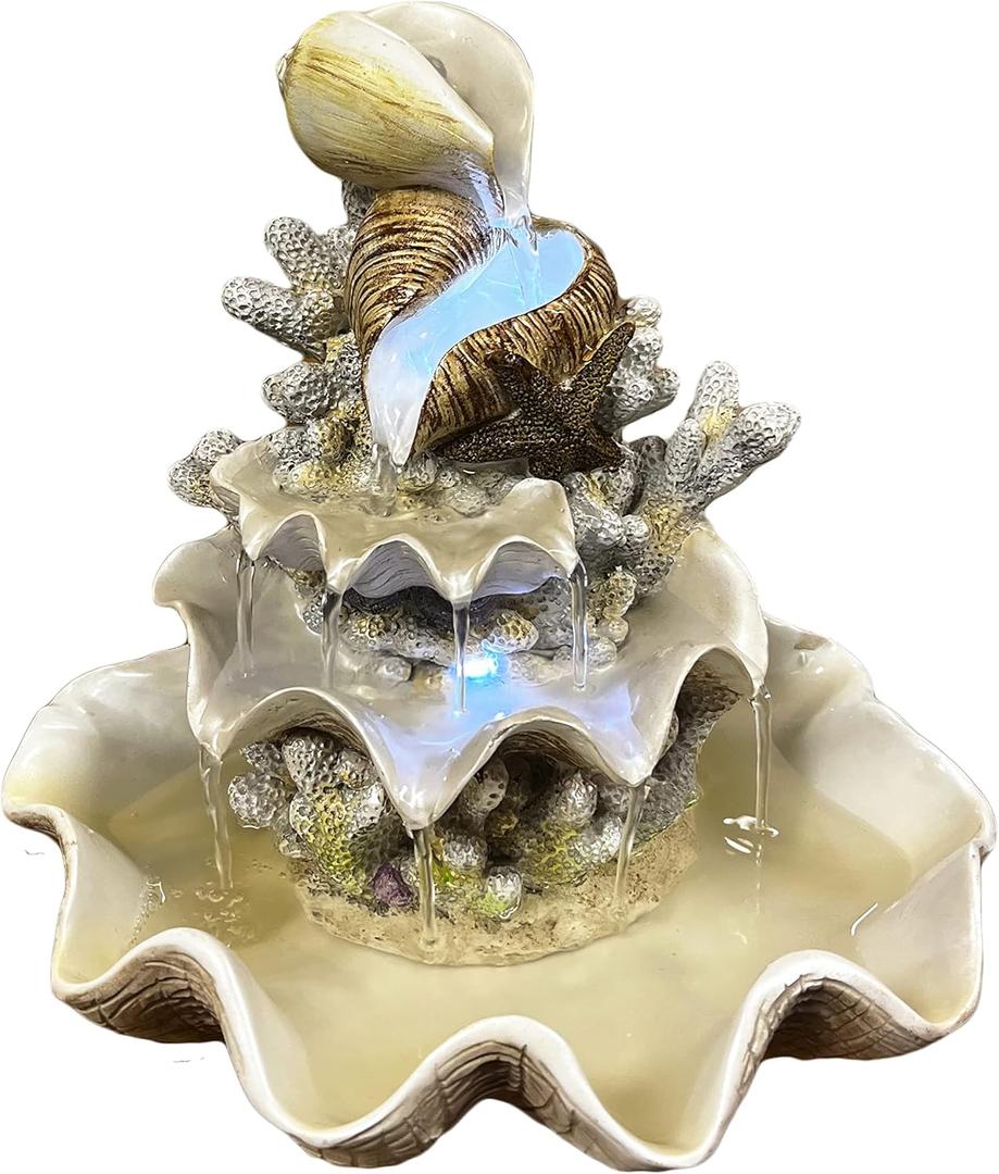 10.5" H Coral Reef Shell Fountain Indoor Fountain with LED Lights and Adjustable Motor Pump (Power Cord Attached) (Resin)