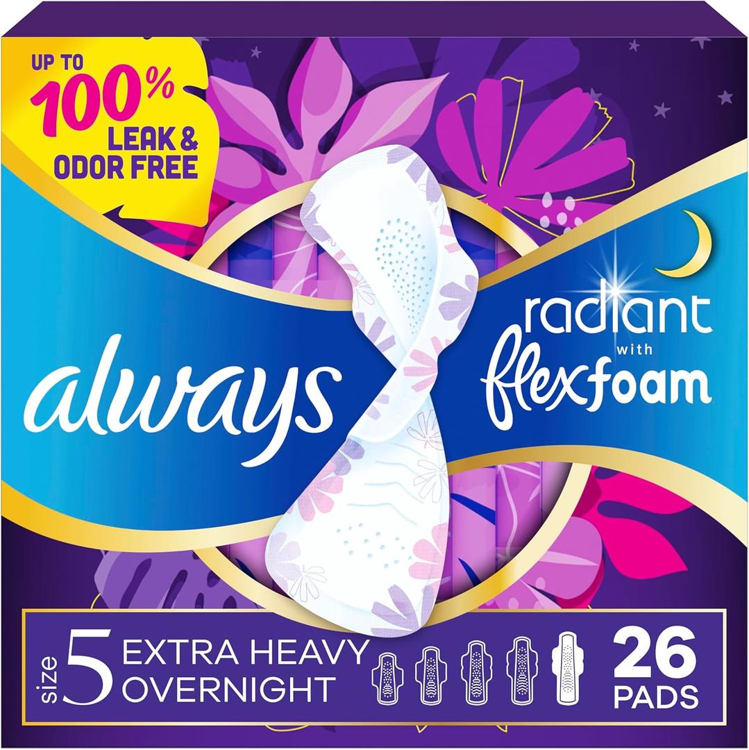 Always Radiant Feminine Pads for Women, Flexfoam Pads with Wings, Size 5, Extra Heavy Overnight Absorbency, Lightly Scented, 26 Count