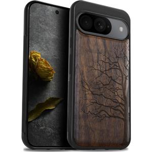 Carveit Wood Case for Pixel 9 Case [Natural Wood & Black Soft TPU] Shockproof Protective Unique Wooden Cover Compatible with Google Pixel 9 (Eternal Tree-Walnut)