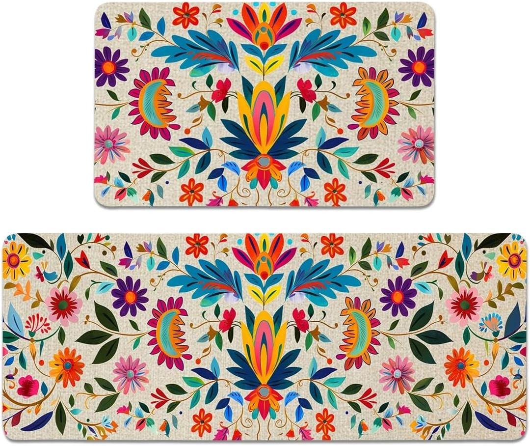 Mexican Floral Kitchen Rugs Set of 2, Colorful Kitchen Mats with Rubber Backing Non Slip Washable, Cinco De Mayo Gift, 17" x 29 + 17" x 47" (White)