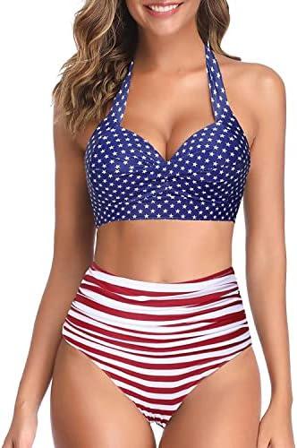 Tempt Me Women Two Piece Vintage Swimsuit Retro Halter Ruched High Waist Bikini with Bottom, Medium